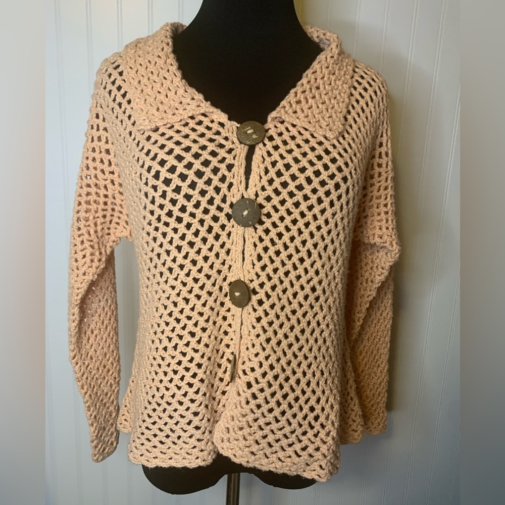 Pure Handknit Light Peach 100% Cotton Knit by Hand Cardigan Sweater Size M/L